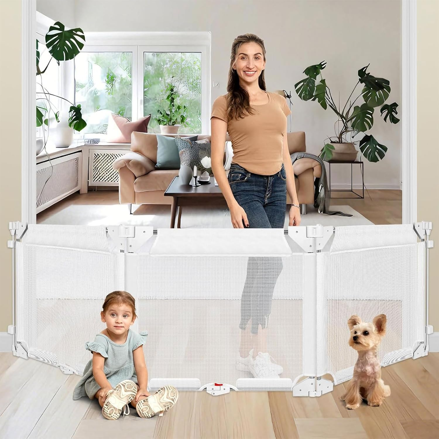 Baby Safety Gate, Extra Wide 3-Panel Foldable Pet Gates for Doorways, Durable Baby Fence Play Yard, Adjustable Safety Gate/Door for Child/Pet, for Kitchen, Stairs, Indoor&Outdoor (Grey, L)
