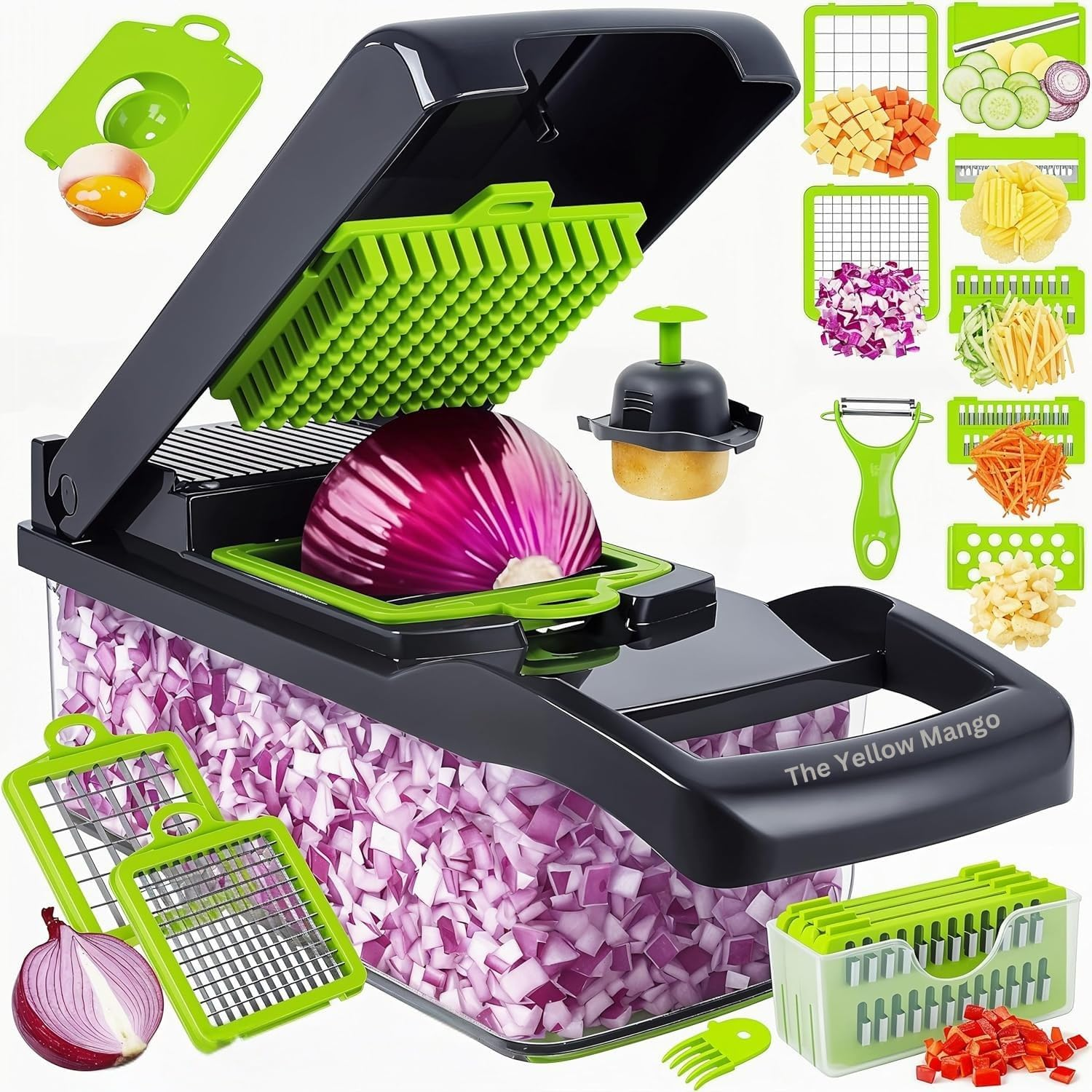 Vegetable Chopper, Multifunctional 16 in 1 Food Chop Onion Chopper Vegetable Slicer Cutter Dicer Veggie Chopper + 8 Blades,Colander Basket,Container for Salad Potato Carrot Garlic (Green+Black+White) image number 2
