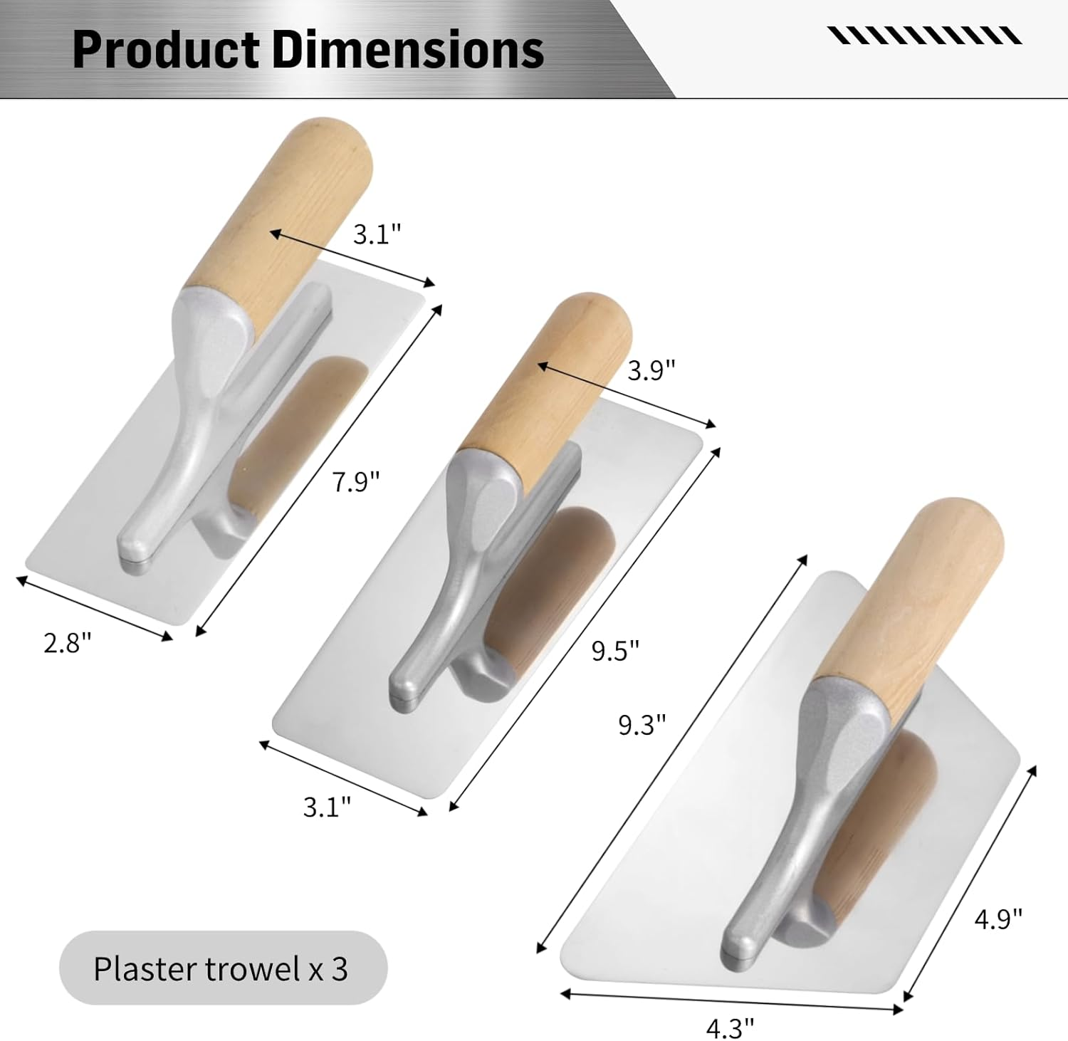 3 PCS Drywall Trowel Flat Finishing, Polished Venetian Masonry Trowel Set with Wood Handle, Stainless Steel Plastering Trowel for Sheetrock Wallboard Plasterboard