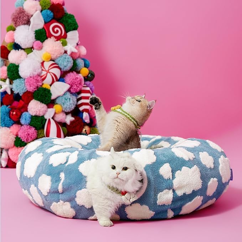 QYINXIU Cat Tunnel Bed, Cute Cat Donut Tunnel with Washable Circle Cushion, round Pet Play Tunnel Toy for Kitten, Dog, Rabbit (Blue) image number 4