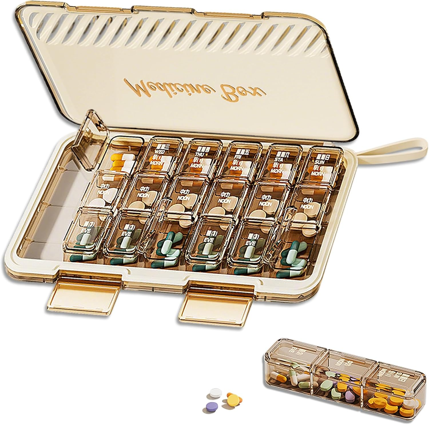 7-Day Pill Organiser Weekly |3-Times-A-Day| Portable Pill Box 7 Day (Green, 24X14X3Cm)