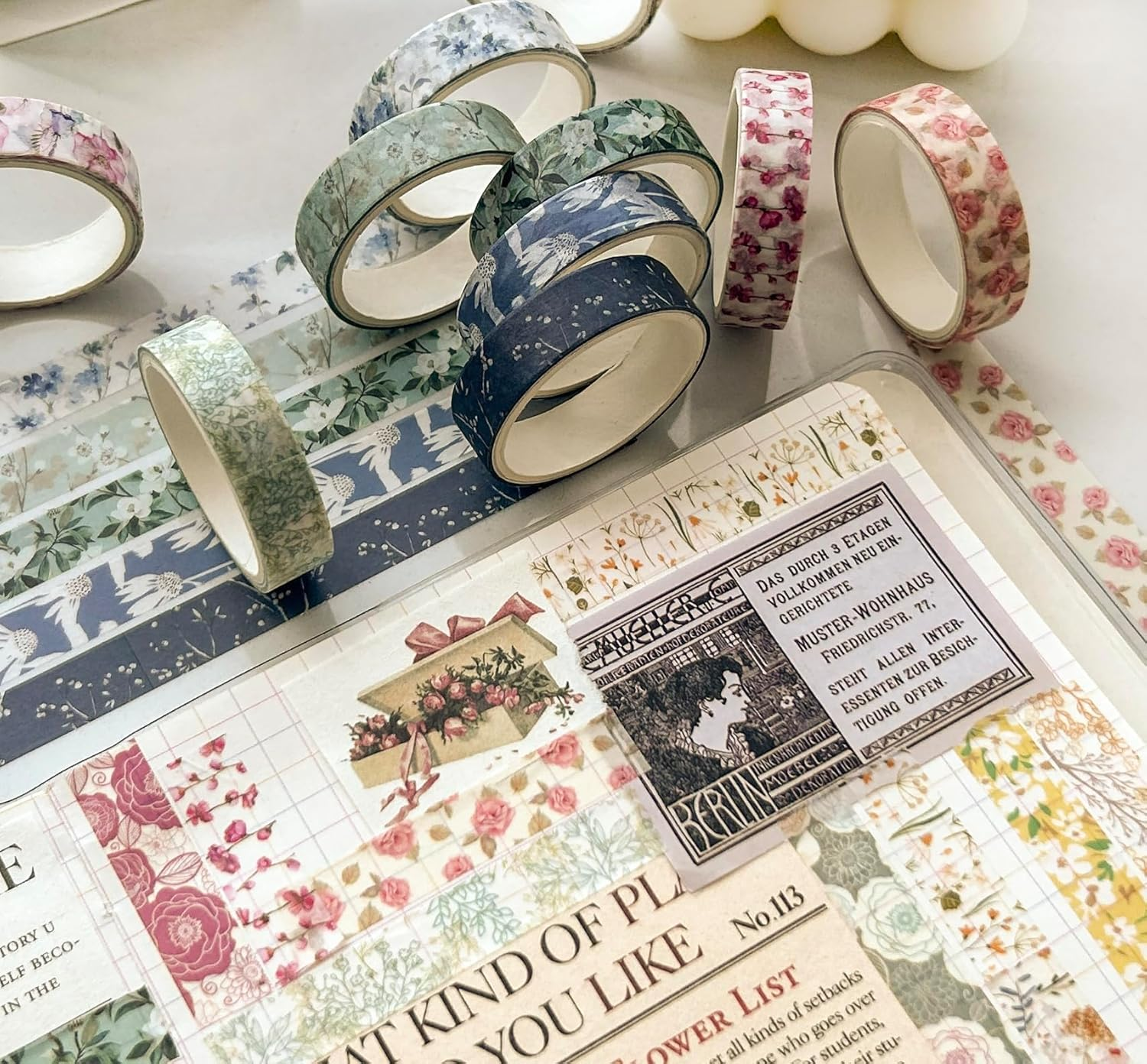 YUBX Flowers Washi Tape Set 30 Rolls Floral Patterns Decorative Skinny Slim Masking Tapes for Arts, DIY Crafts, Journals, Planners, Scrapbook, Wrapping (Greens Thrive) image number 5