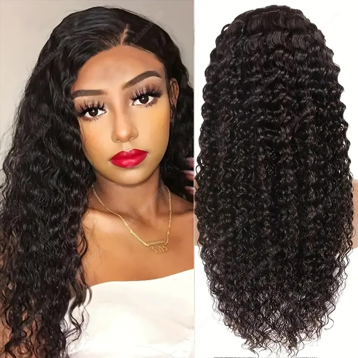 Deep Wave Curly Lace Front Wig Long Black Curly Wig Synthetic Glueless Lace Front Wigs for Black Women (20Inch) image number 1