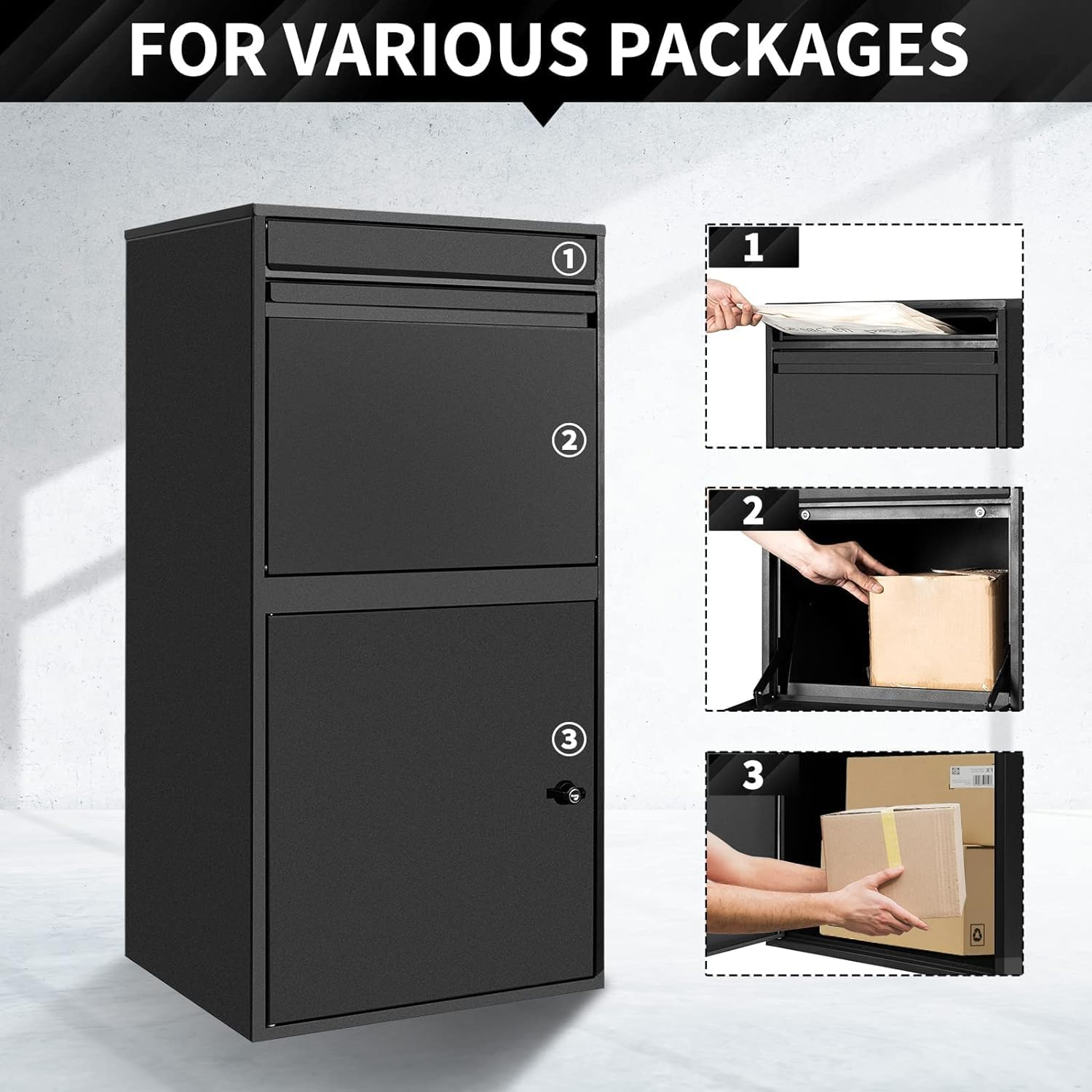 GROZY XL Package Delivery Box, Extra Large Galvanized Steel Parcel Drop Box for Outside, Parcel Mailbox with Secure Storage Compartment, for Outdoor Porch, Curbside, Black image number 6