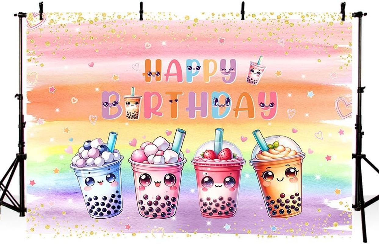 AIBIIN 7X5Ft Millk Tea Birthday Backdrop Kawaii Bubble Par-Tea Party Photography Background Colorful Rainbow Pearl Milk Tea for Boys Girls Birthday Party Decor Banner Photo Props image number 6