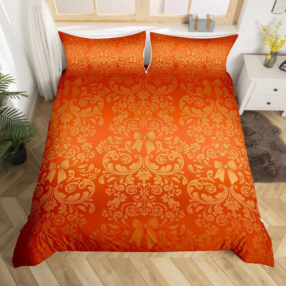 Homewish Red Orange Bow Knot Duvet Cover Set Antique Victorian Damask Comforter Cover, Bowknot 135 X 200 Cm Bed Linen Set, Vintage Floral Gothic Bed Set Exotic Flowers Bohemian Decor image number 1