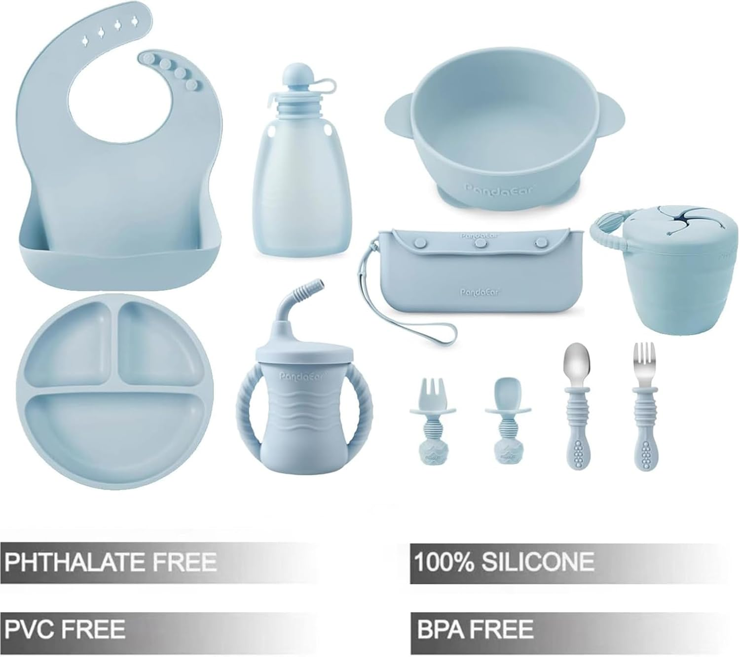 Pandaear Silicone Feeding Set | 11PCS Led Weaning Supplies Self Feeding Utensils | Divided Suction Plate Bowl Bibs Sippy Cup with Food Pouch Snack Container Spoons Forks, Blue image number 4