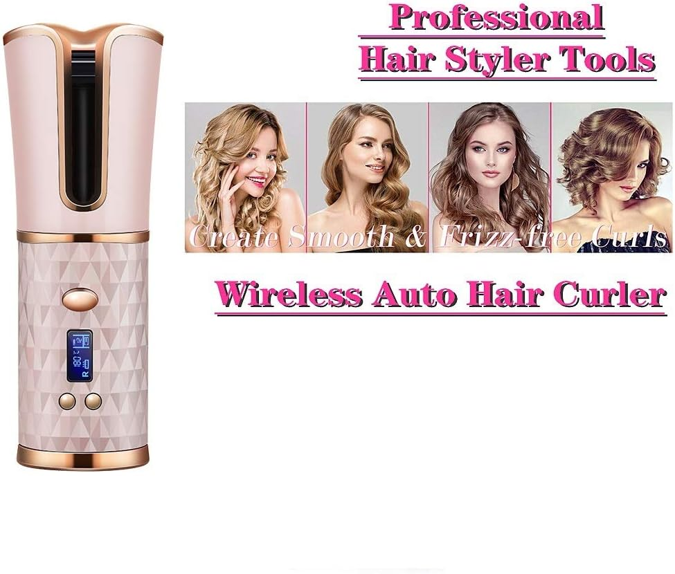 Elikliv Wireless Hair Curler Automatic Curling Iron Ceramic Rotating Cordless USB Rechargeable Timer LCD Digital Hair Curler Irons