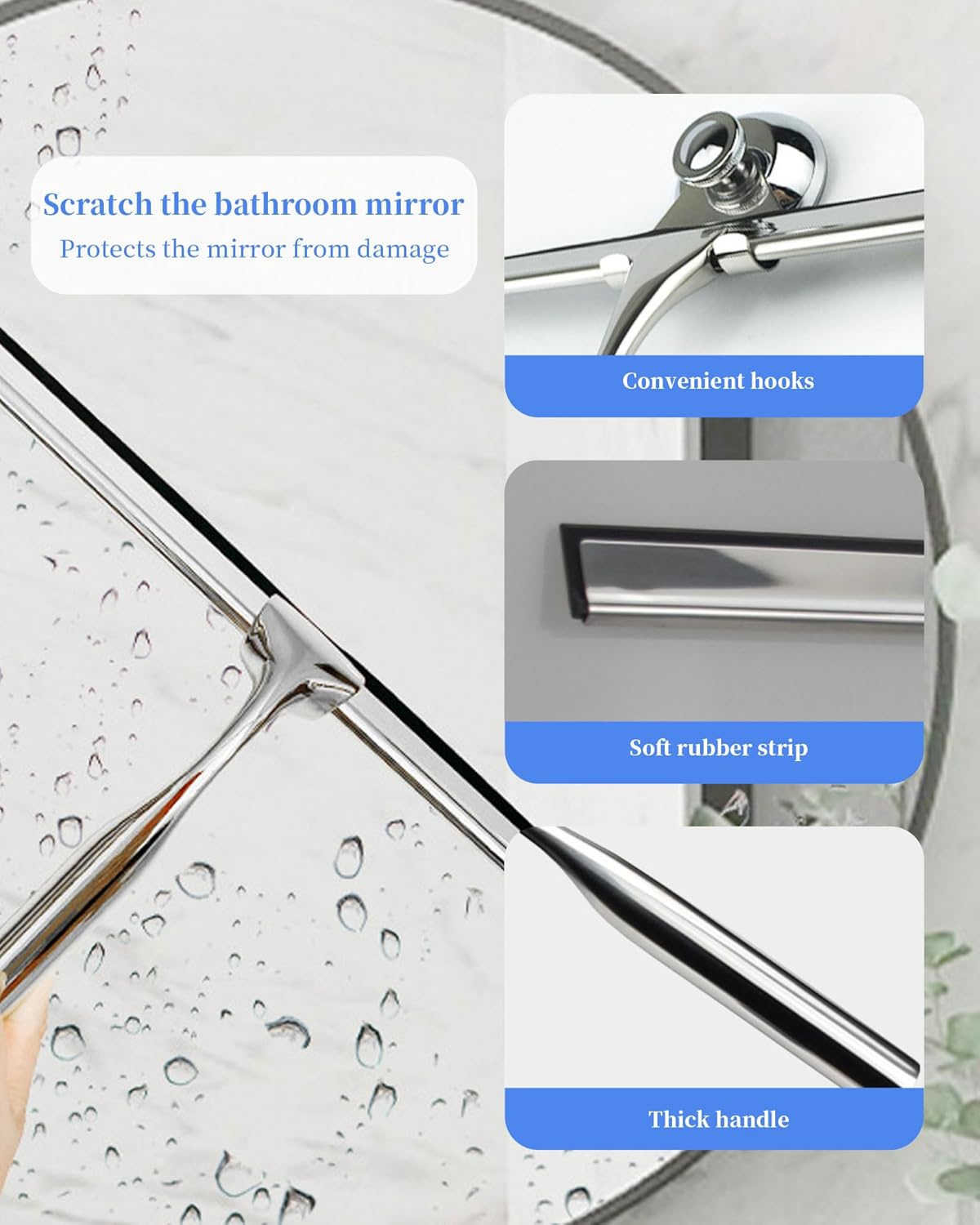 Shower Squeegee with Suction Hanger, 10 Inches Shower Glass Cleaner Wiper, &lrm;Stainless Steel Window Squeegee Scraper for Home Bathroom Kitchen Car Glass Doors image number 1