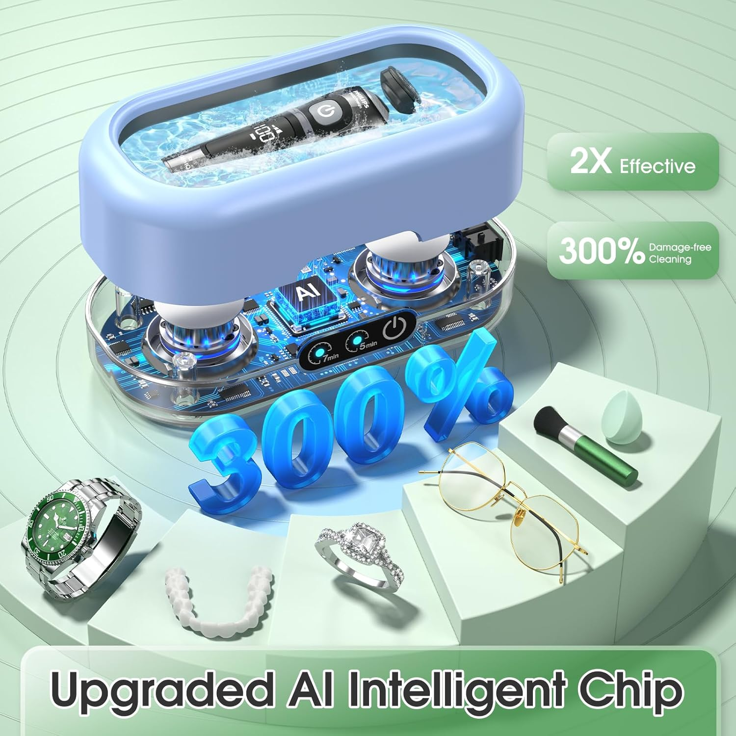 Professional Ultrasonic Jewelry Cleaner with Digital Timer,50Khz Ultrasonic Cleaner Machine with 304 Stainless Steel for Jewelry,Eyeglasses, Rings, Coin, Watch Strap, Dentures, Hygiene Items (Blue) image number 2