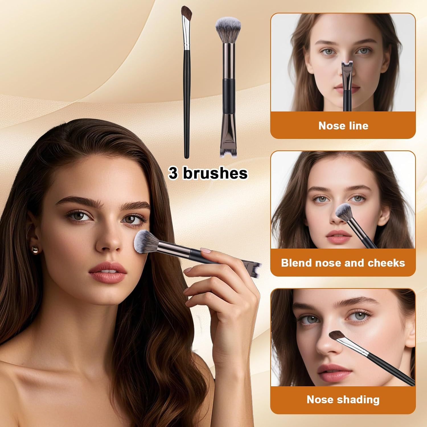 BOXOB 4Pcs U-Shaped Fluffy & Angled Brush Set, Nose Contour Brushes 2-In-1 U-Shaped Brush Dual Head Practical Makeup Tools for Defining Sculpting Highlighting image number 2