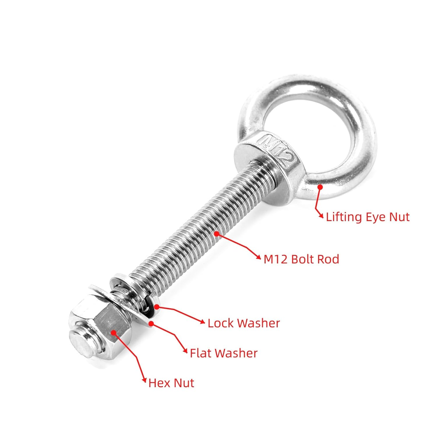Ruimou 6 Sets M12 Lifting Eye Bolts with Nuts and Flat Washers for Industrial, Furniture Decoration, Construction, Marine, Mechanical Equipment (M12) image number 3