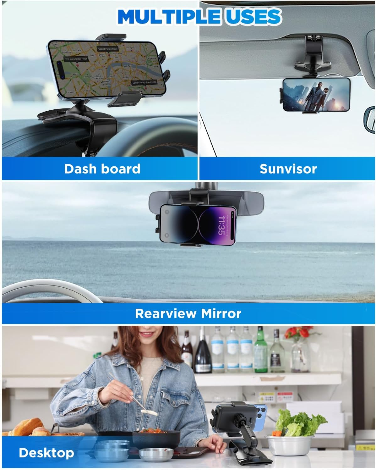 IPOW Car Dashboard Phone Clip Holder, 360 Degrees Rotation Dash Steering Wheel Phone Clamp Mount Compatible with Iphone 16 15 14 13 Pro Max and 4-7 Inch Smartphones (Black) image number 4