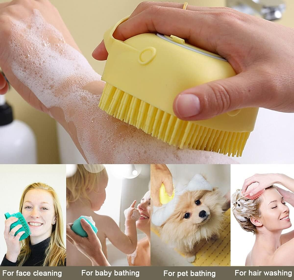 KOMUNJ Dog Cat Bath Brush, Pet Grooming Soothe Massage Brush, with Shampoo Dispenser Soft Silicone Bristle, for Short Haired Dogs Cats Shower image number 2