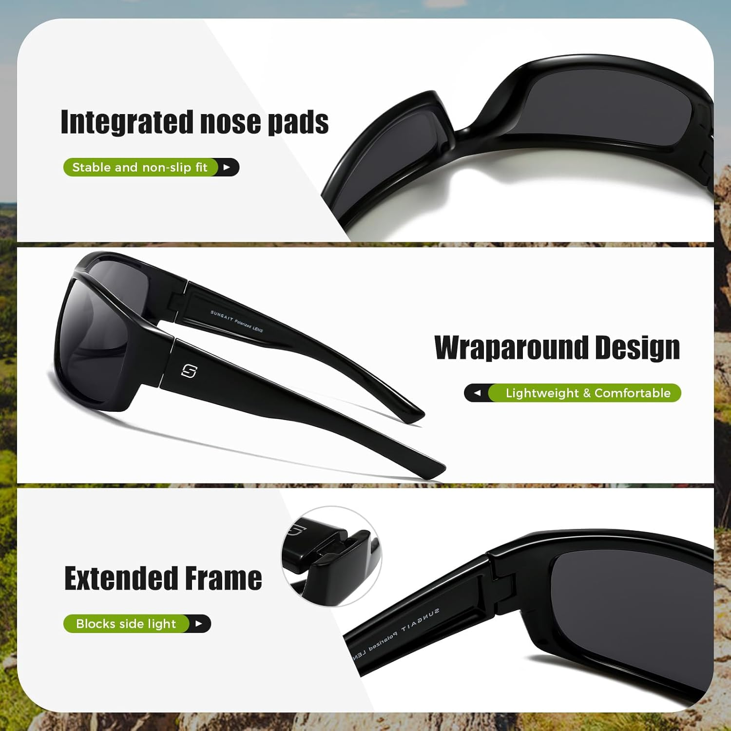 SUNGAIT Wrap around Polarized Sport Sunglasses for Men Womens Lightweight Rectangle Cycling Running - Bright Black Frame / Grey Lens image number 6