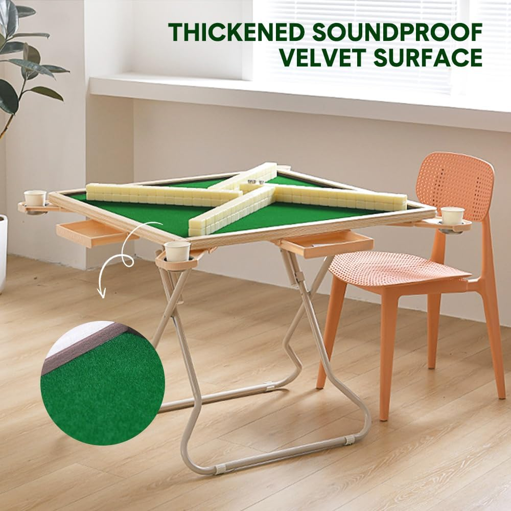 ALSTON Folding Mahjong Table 4 Players Square Mahjong Card Table Portable Game Table, Pink/Green Felt Surface with Cup Holders and Drawers, 88X88X73Cm (Green) image number 5