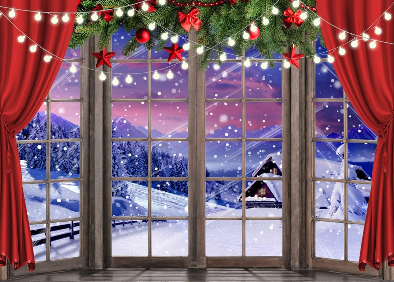 LYCGS 10X8FT Christmas Backdrop Xmas Window Photography Backdrop Winter Dream Wonderland Snow Tree Red Curtain Christma Photo Backdrop Studio Props Banner X-67 image number 5