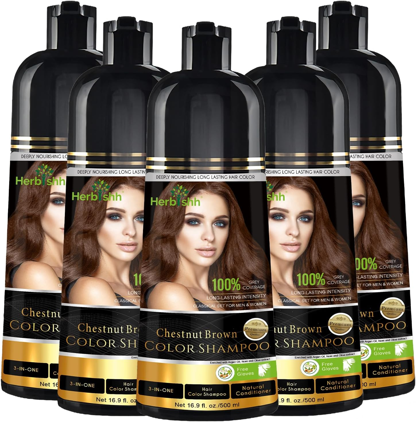 Herbishh Pack of 5 Hair Color Shampoo for Gray Hair &ndash; Natural Hair Dye Shampoo &ndash; Colors Hair in Minutes &ndash; Long Lasting&ndash;500 Ml &ndash; 3-In-1 Hair Color &ndash; Ammonia-Free (Chestnut Brown)