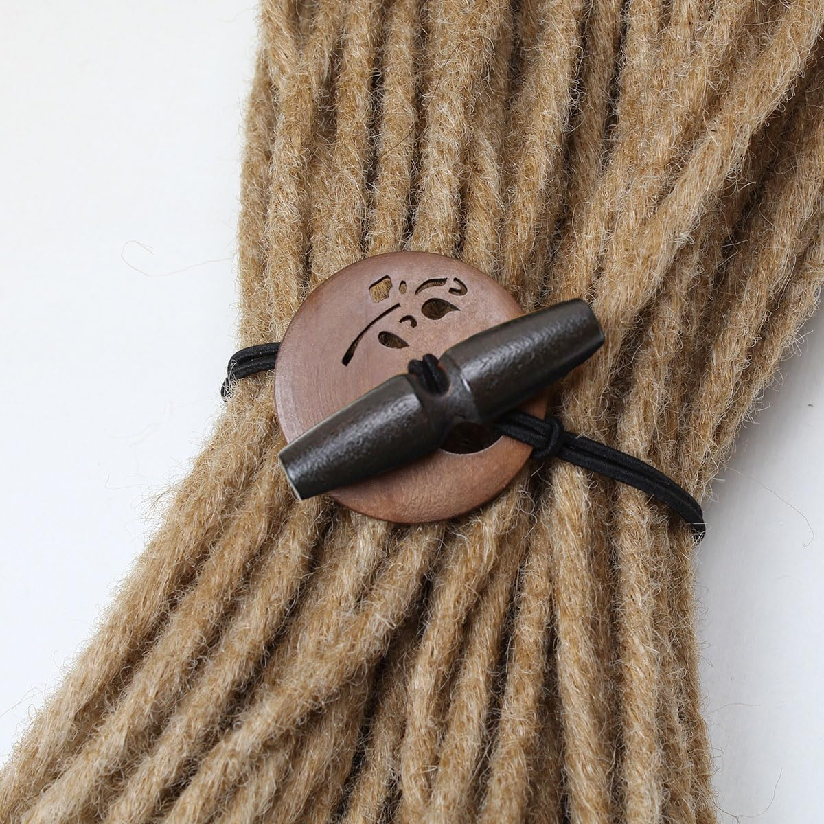 Kraler 3 Pcs Dreadlock Hair Ties for Thick Hair, Elastic Loc Bands with Hand-Carved Wooden Toggle, Boho Style Hair Accessories（White Brown Black） image number 2