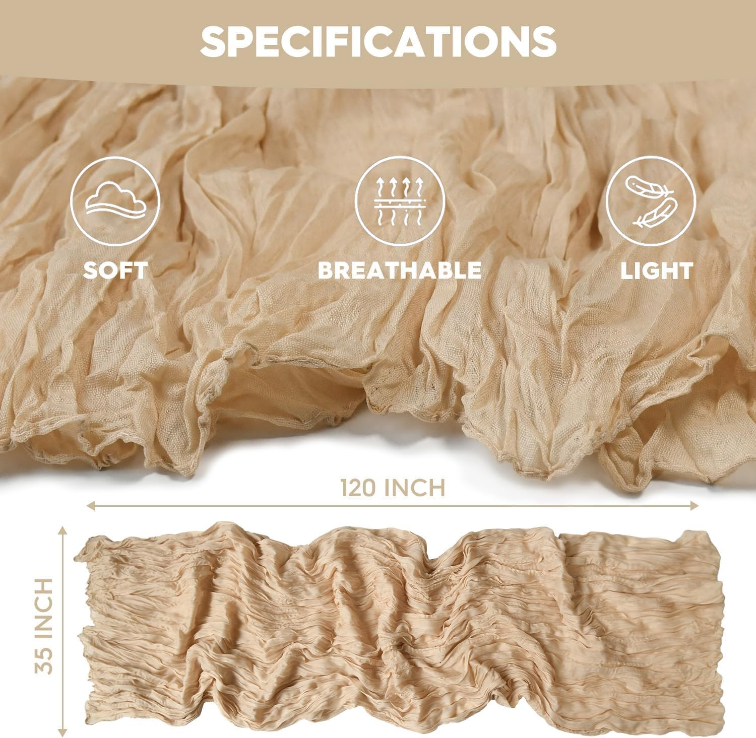 Usinynia 2 Packs Chiffon Table Runner Boho Cheesecloth Gauze Table Runners Wrinkle Boho Rustic Tablecloth for Wedding Valentines Party Romantic Table Decoration (Khaki,90X300Cm) image number 3