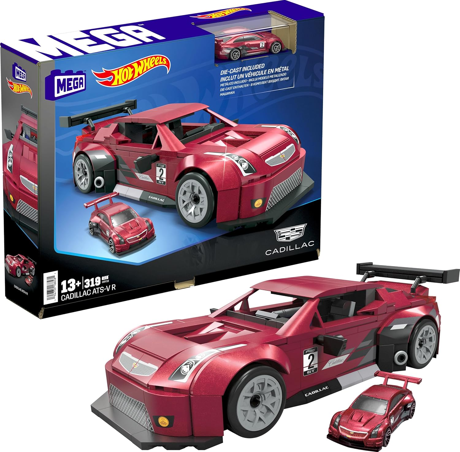 MEGA Hot Wheels Collectible Car Building Toy, Cadillac ATS-V R with 319 Pieces and Die-Cast Model, Build & Display Set for Collectors, Red