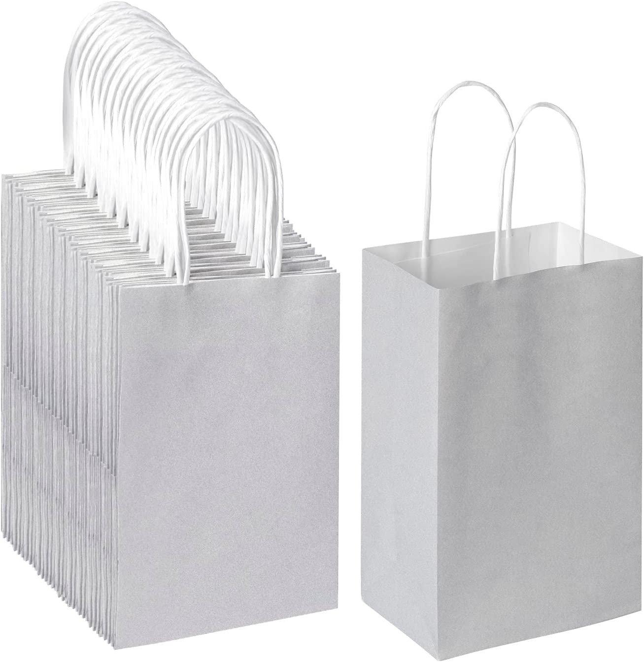 Oikss 100 Pack 5.25X3.25X8.25 Inch Small Kraft Bags with Handles Bulk, Paper Bags Birthday Wedding Party Favors Grocery Retail Shopping Business Goody Craft Gift Bags Cub Sacks (Silver Grey 100 Count) image number 4