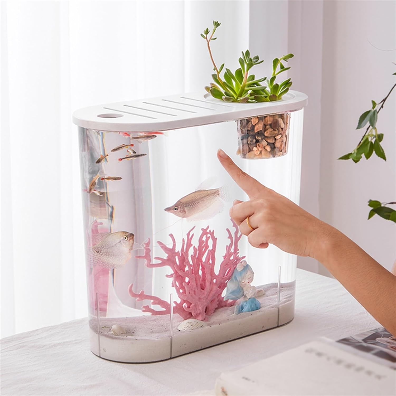 Aquariums Fish Tank Small Micro Landscape Transparent Fish Tank Large Ecological Aquascape Home with Lid Desktop Oval Can Be Planted Aquatic Plants Fish Bowl (Size : L) image number 1