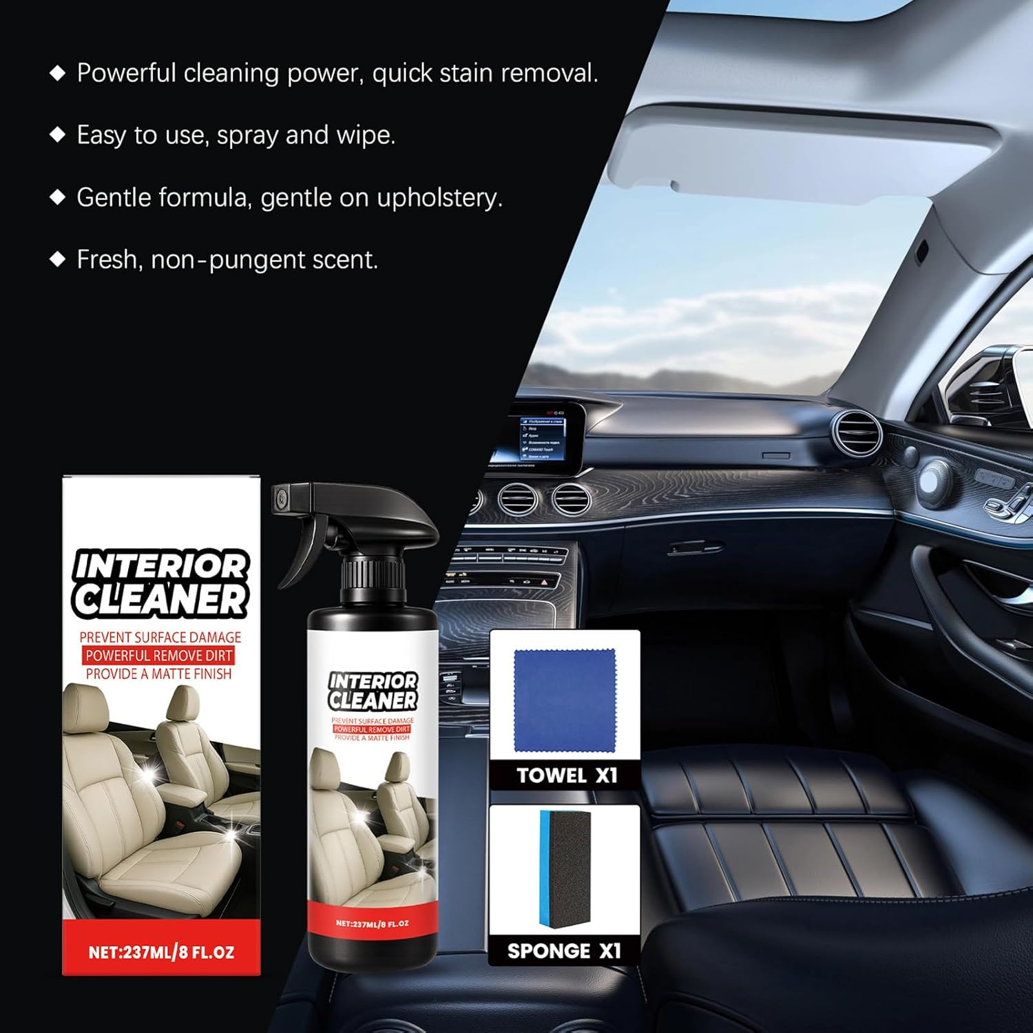 JIEBWCHA Leather Cleaner,Car Steering Wheel Cleaner with Cloth and Sponge | 237Ml Automotive Cleaning Detailing Spray for Steering Wheel Trim Door Leather Seat Dashboard image number 3