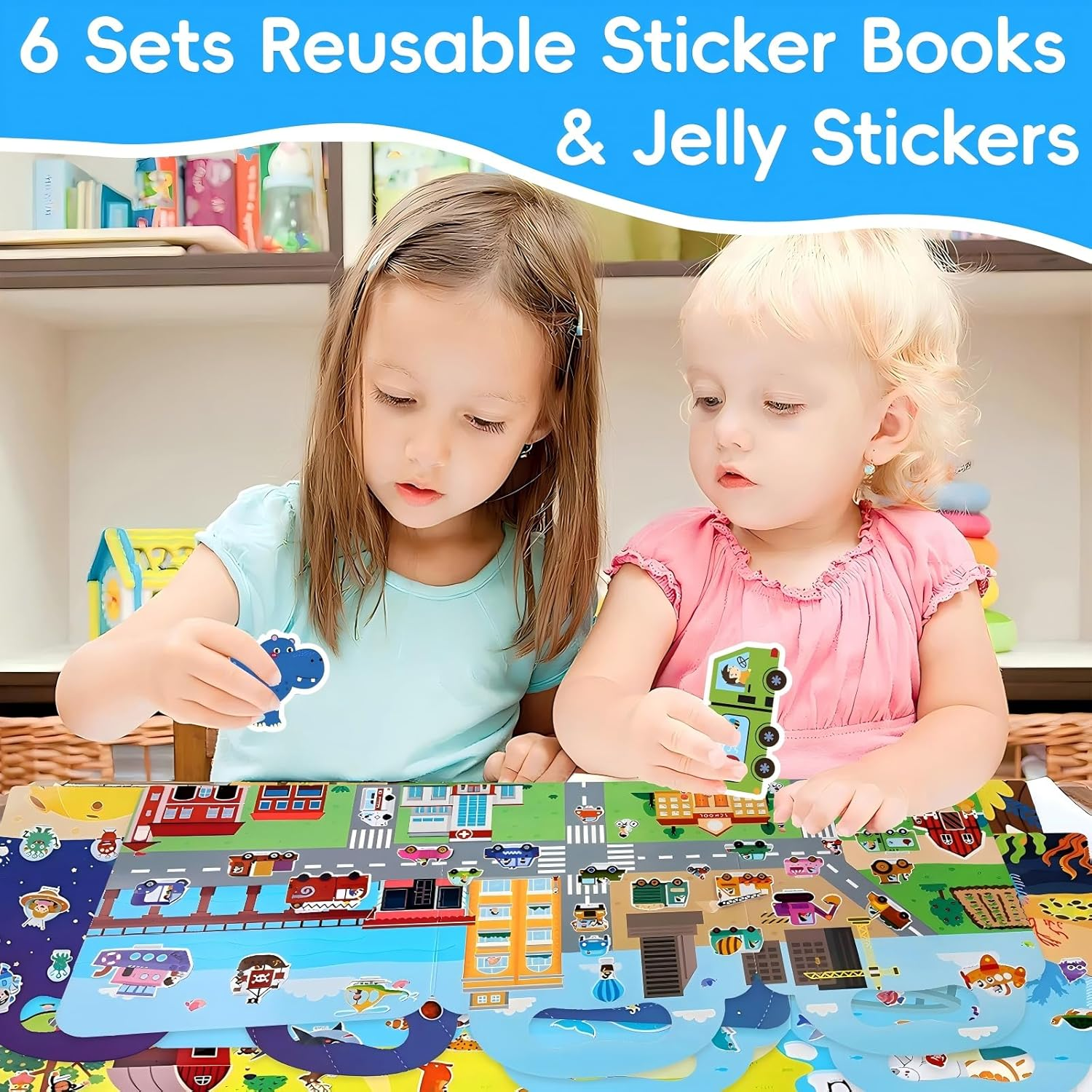 6 Sets Reusable Sticker Books for Toddlers, Includi 6 Themed Space, Animal, Ocean World, Vehicle, Insect, Dinosaur, Jelly Sticker Books for Toddlers 3-5 Years, Toddler Travel Toys image number 4