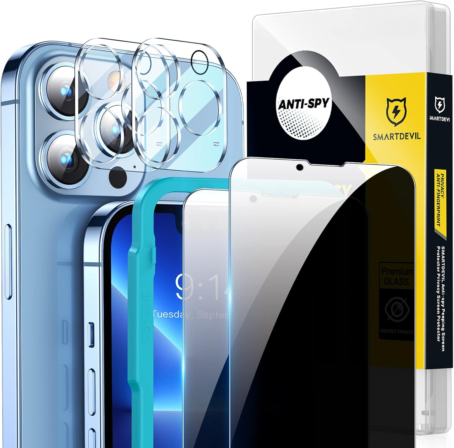 [2+2] SMARTDEVIL Privacy Screen Protector for Iphone 13 Pro Max 6.7Inch, 2 Pack anti Spy Tempered Glass and 2 Pack Camera Lens Protector [With Easy Installation Frame] [10X Military Grade Protection]