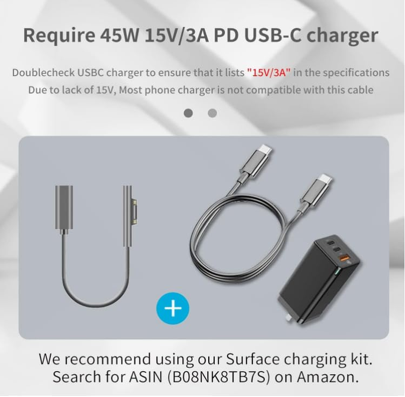 Surface Connect to USB-C Charging Cable Compatible for Microsoft Surface Pro7 Go2 Pro6 5/4/3 Laptop1/2/3 & Surface Book, Works with 45W 15V3A USBC Charger PD - 0.2 Meters (Black Female) image number 6