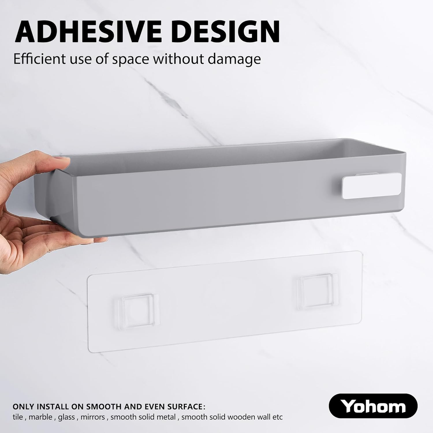 YOHOM Shower Caddy Adhesive Bathroom Shelf for Tile Wall Stick on Shower Shelf No Drilling White Shampoo Holder Organizer with Hook, Gray image number 1