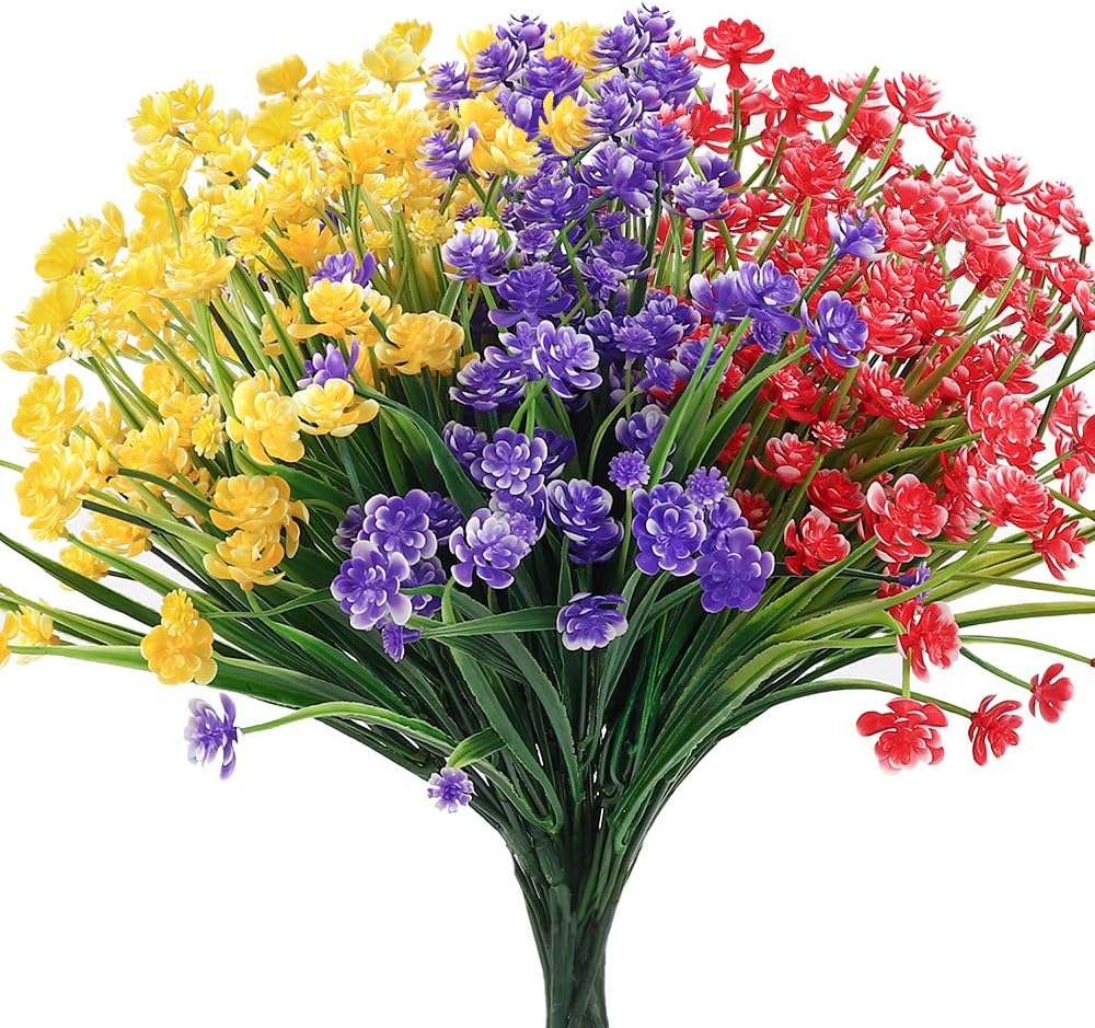 TELDRASSIL 9 Bundles Artificial Flowers Outdoor UV Resistant Fake Plastic Flowers Faux Plastic Shrubs for Indoor Outdoor Window Home Garden Decoration - Blue Purple Yellow image number 6