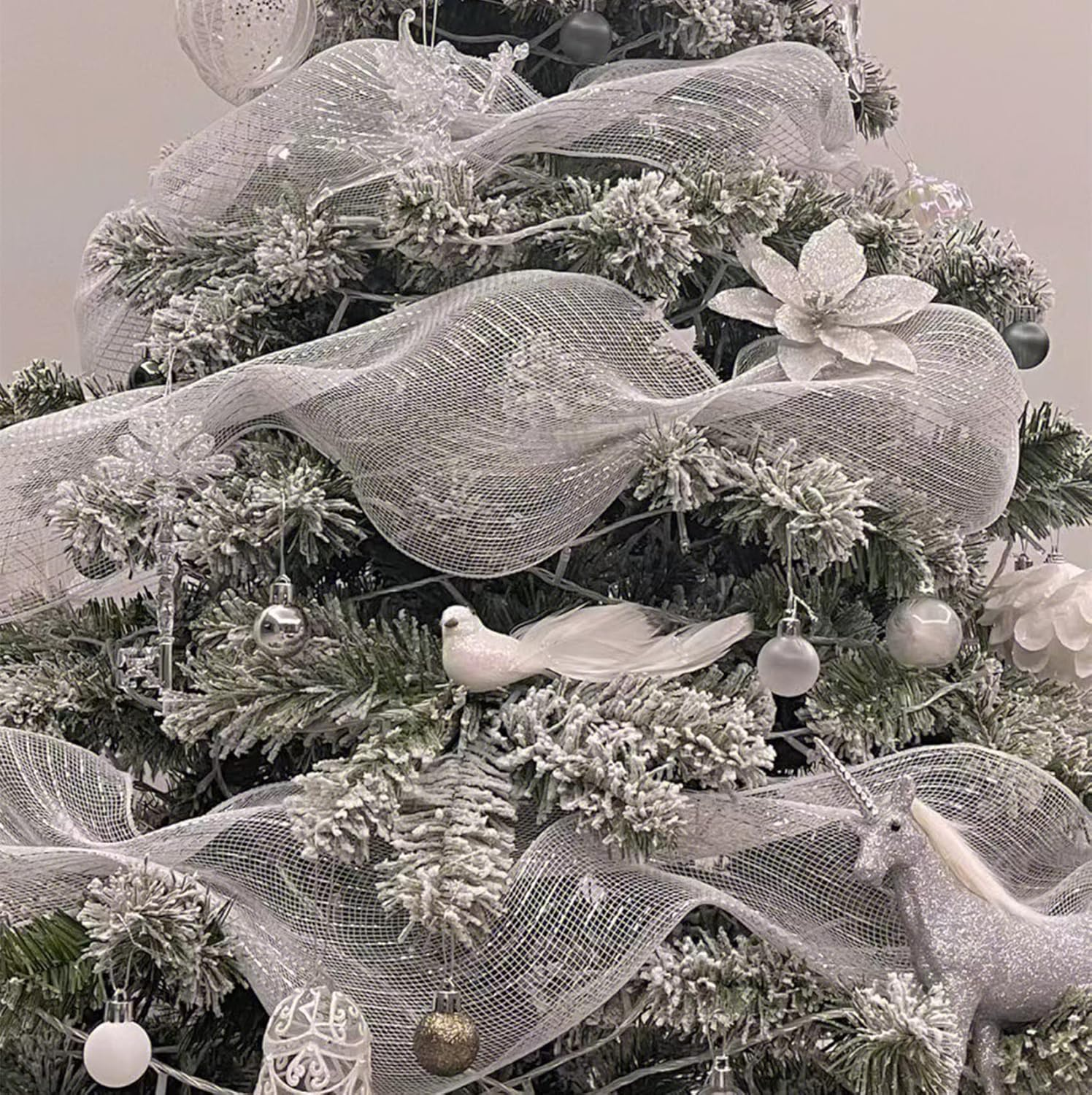 Poinsettia Christmas Decorations 13Pcs Poinsettia Christmas Tree Ornaments Glitter Artificial Poinsettia Flowers for Xmas Decorations (Silvery)