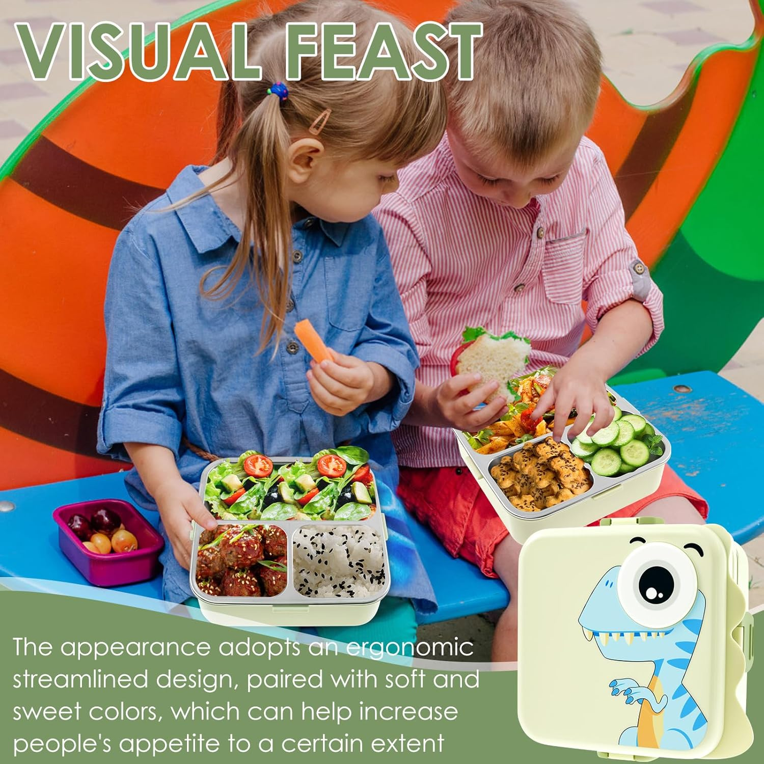 Stainless Steel Toddler Lunchbox, with Lid for Kids Double Layer Lunchbox Food with Compartments Microwave Safe for School Camping Travel (Green) image number 6