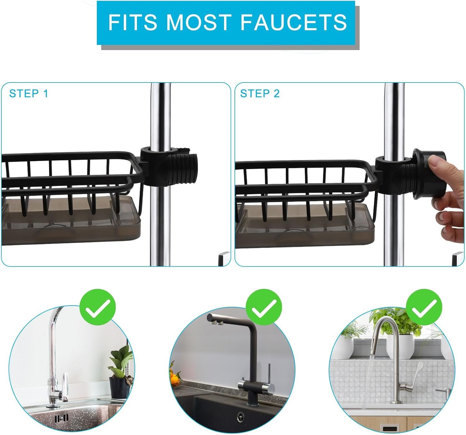 HENGBIRD Kitchen Sink Organiser, Stainless Steel Soap Sink Organiser, Sponge Holder, Towel Holder, Sink Organiser with Hooks for Kitchen and Bathroom, Black image number 5