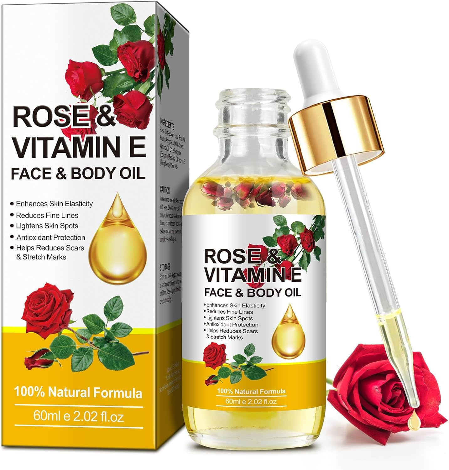 Vitamin E Oil for Skin, Rose Oil for Face, Natural Skincare Body Oil, Moisturizing Organic Rose Oil for anti Ageing, Reduce Scar and Stretch Marks 2.02 Oz
