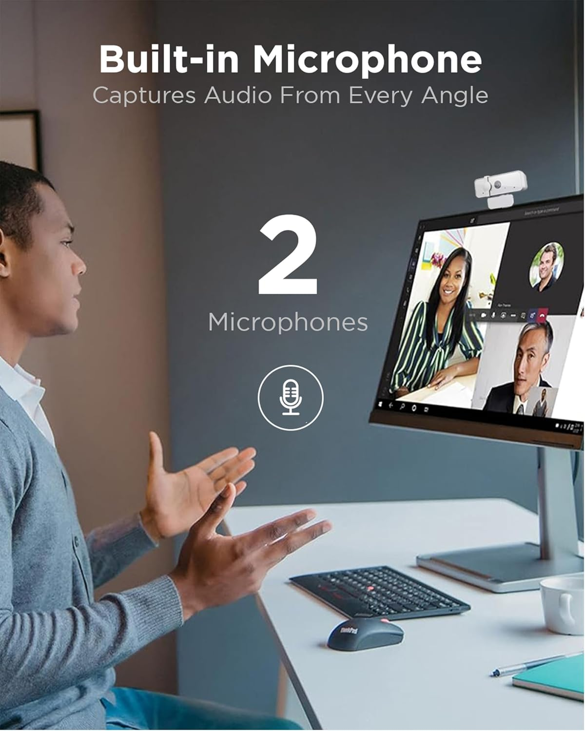 Lenovo HD 1080P Webcam (300 FHD) - Monitor Camera with 95&deg; Wide Angle, 360&deg; Rotation Pan & Tilt, Dual Microphones &ndash; Attachable Desktop Cam with Privacy Shutter for Remote Work, Streaming & Gaming