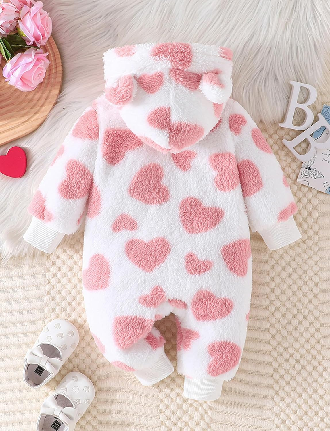SEAUR Newborn Baby Girl Snowsuit Winter Hooded Fleece Jumpsuit Infant Bear Ear Snow Suit Zip up Romper Warm Outwear Outfits