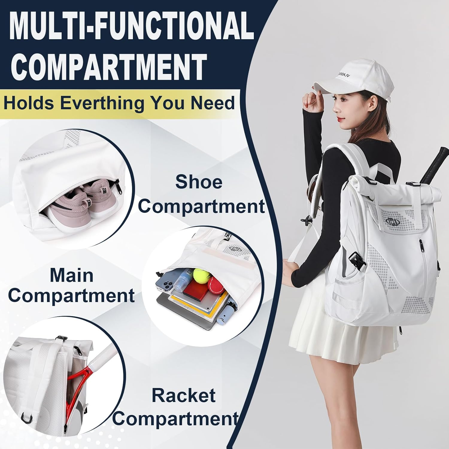 Tennis Bag Tennis Backpack for Women Men Holds 2 Rackets with Shoe Compartment, Large Pickleball Backpack Hold Tennis Racket, Pickleball Paddles, Badminton Racquet - Pure Black image number 7