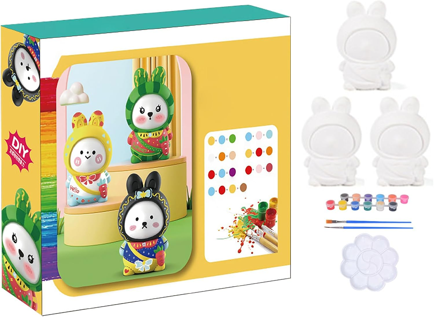 Nankoyal Paint Your Own Bunny Kit,Paint Rabbit Plaster - Includes 12 Color Pigments, 3 Rabbit Statues, 1 Color Palette, and 2 Paint Brushes image number 2