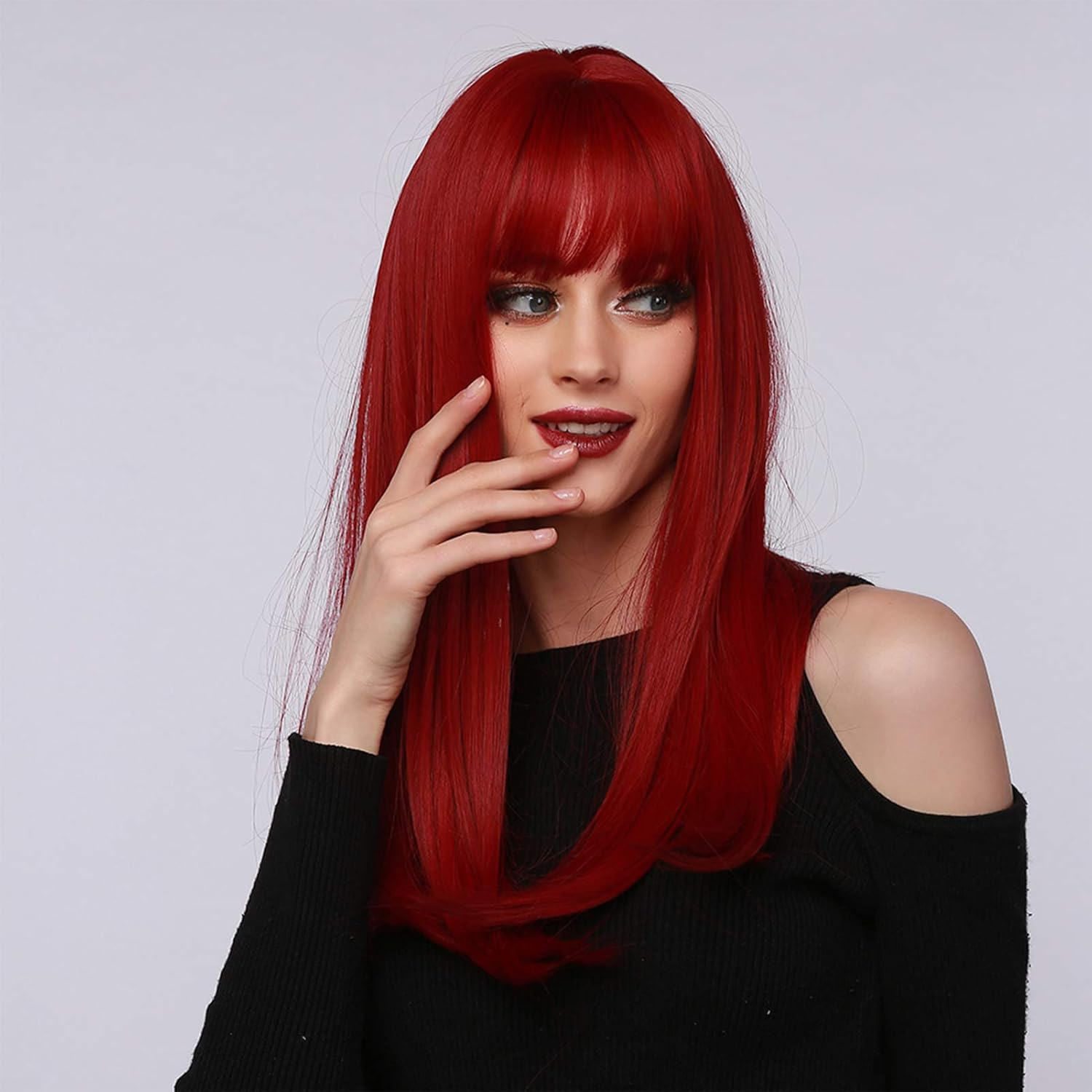 Red Long Straight Wig, 47Cm Wigs Red Wigs with Bangs Burgundy Red Synthetic Long Straight Wig for Women Party and Cosplay Bright Red Wig Coloful, High Temperature Fiber Fake Hair