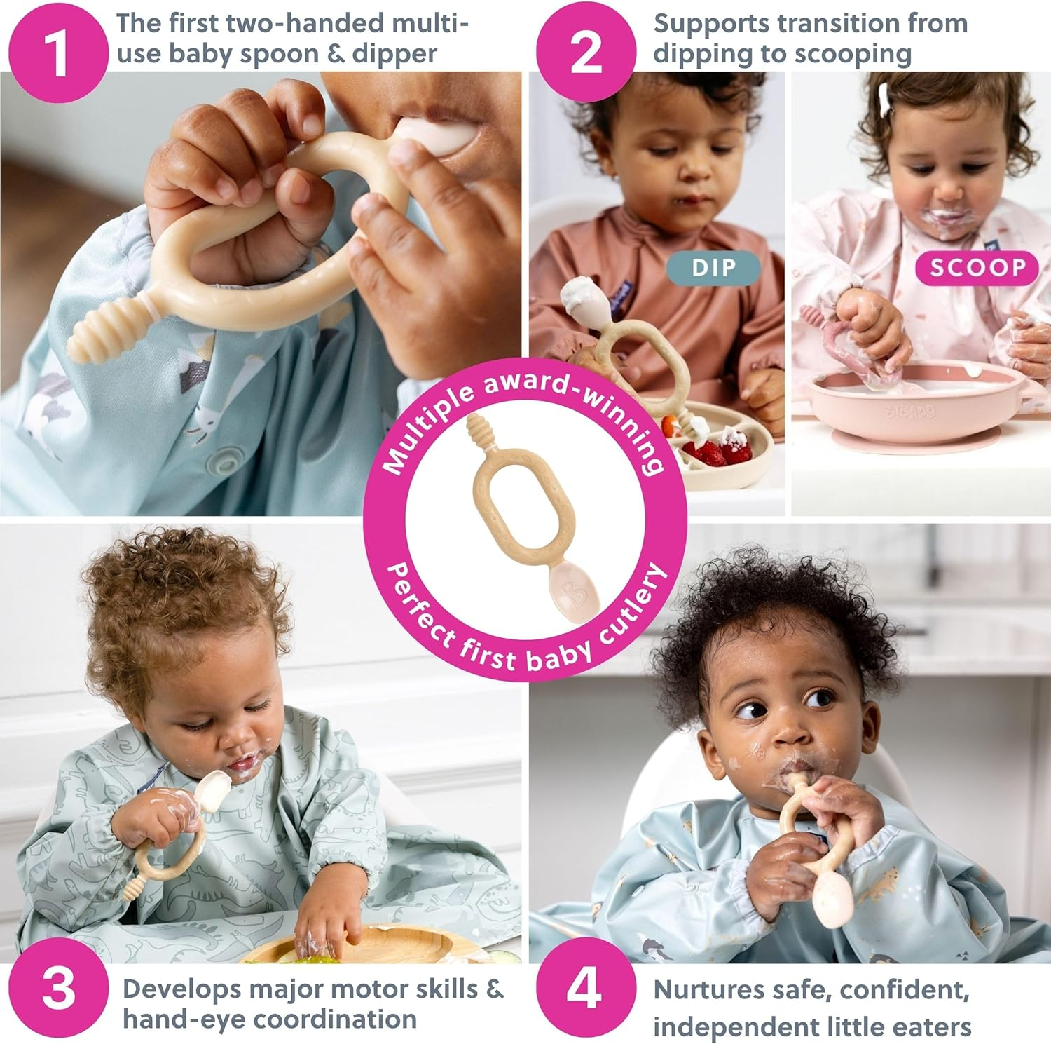 Bibado Weaning Spoons 2 Pack Baby Self Feeding Cutlery Dual Ended Spoon for Teething Oral Development Ergonomic 2 Handled for Independent Feeding Baby Toddler Dippit Fawn - Blush image number 5