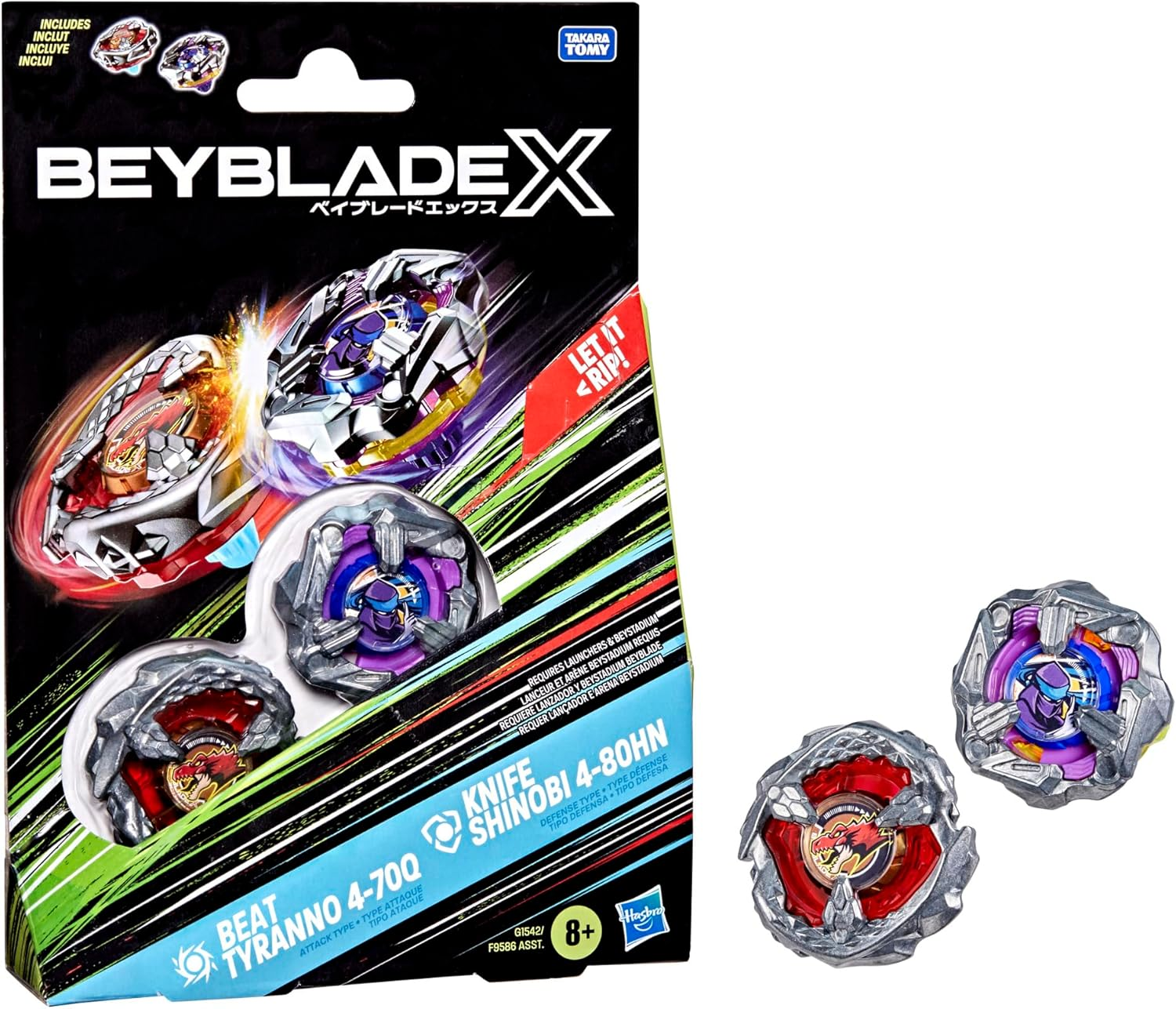 Beyblade X Beat Tyranno 4-70Q & Knife Shinobi 4-80HN Dual Pack Set with 2 Right-Spinning Tops; Authentic Takara Tomy Battle Tops; Games/Toys for Boys & Girls 8+ image number 3
