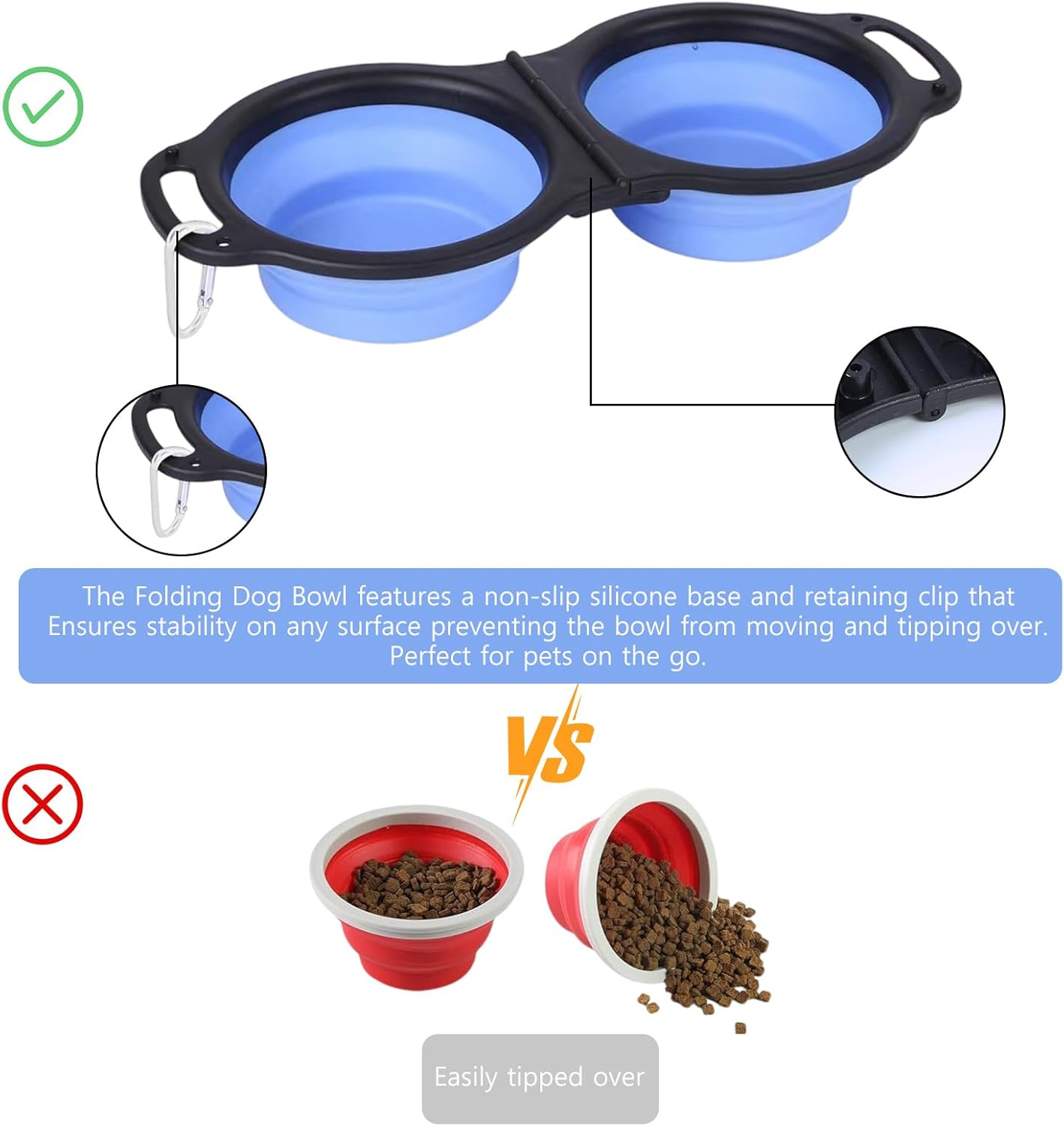 Collapsible Dog Food Water Bowl, 2 in 1 Silicone Double Bowl, Portable Travel Pet Feeder Bowl, Expandable Pets Bowl with Carabiner for Walking, Traveling, Hiking, Camping (Blue, Size-1)