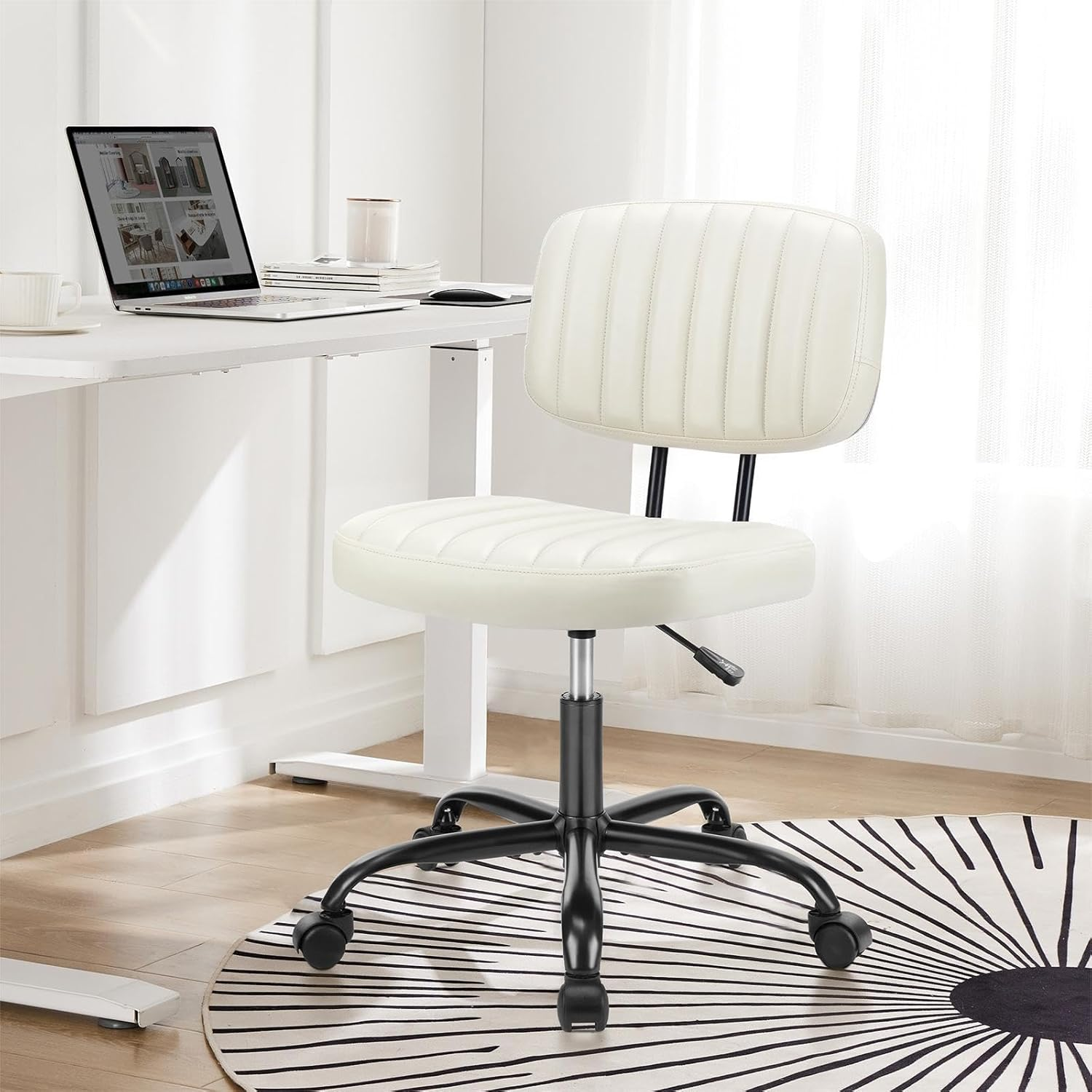 DUMOS Armless Home Office Chair Ergonomic Desk with Comfy Low Back Lumbar Support, Height Adjustable PU Leather Computer Task with 360&deg; Swivel Wheels, for Small Space, Kids and Adults, Beige White image number 6