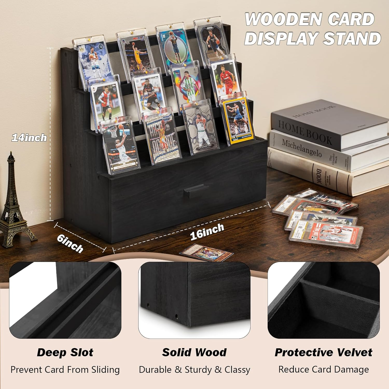 Trading Card Display, 3-Tier Trading Card Storage with Custom Drawer, Wood Graded Cards Display with Supporters and Dividers (Black)