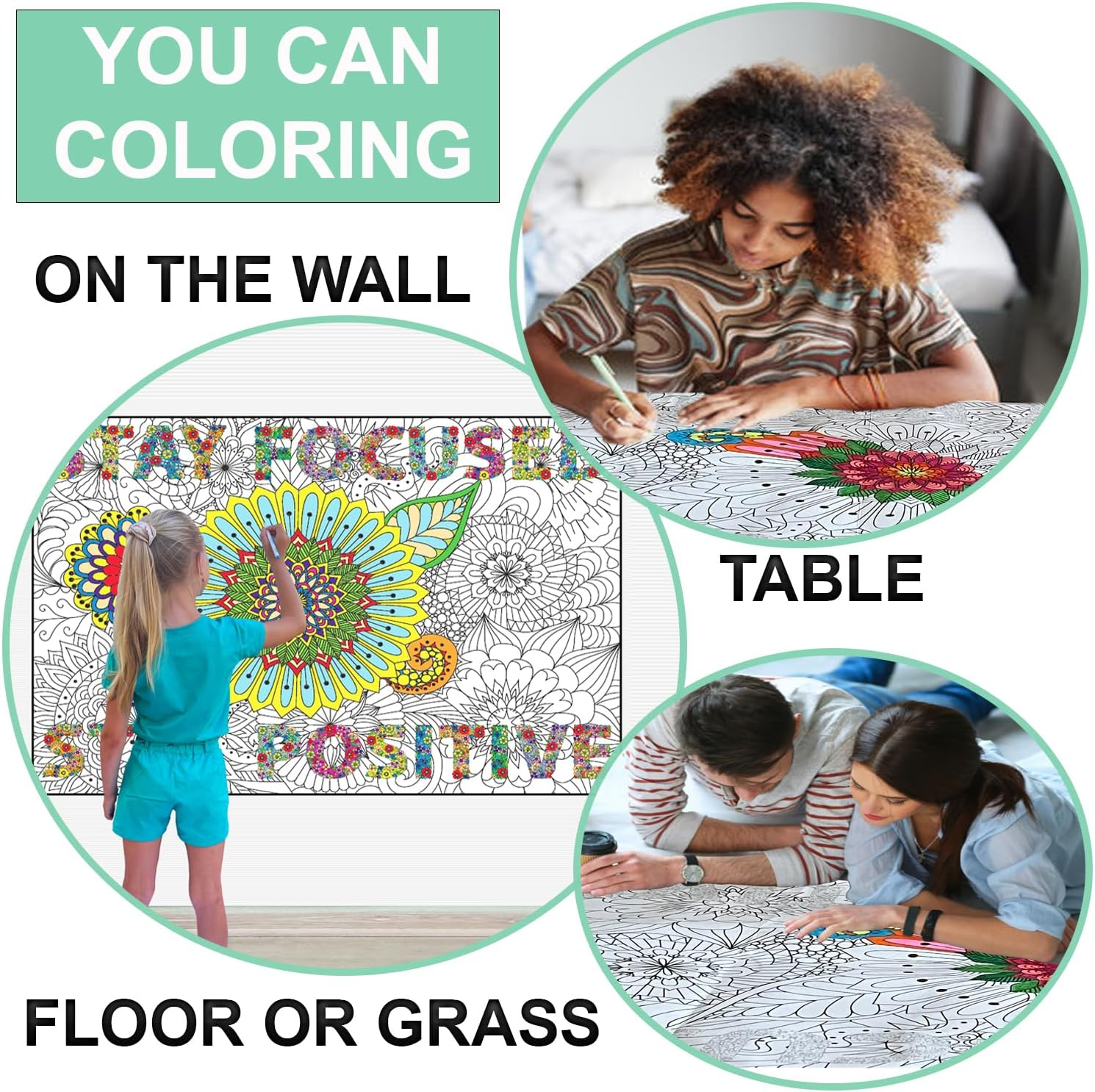 Large Coloring Posters for Adults and Kids - Giant Coloring Poster Motivational - Jumbo Wall Poster Coloring - Huge Adult Coloring Poster Size - Big Coloring Poster for Classroom Office Team Work - Flowers image number 2