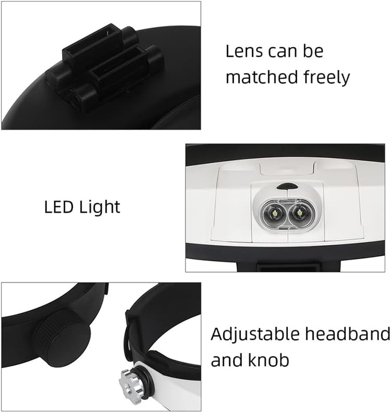 AIMALL 5Pcs Magnifying Lens LED Headband Headset, Adjustable Jeweler Magnifier Loupe with 2 LED Lights, 1.0X to 6.0X Magnification image number 2