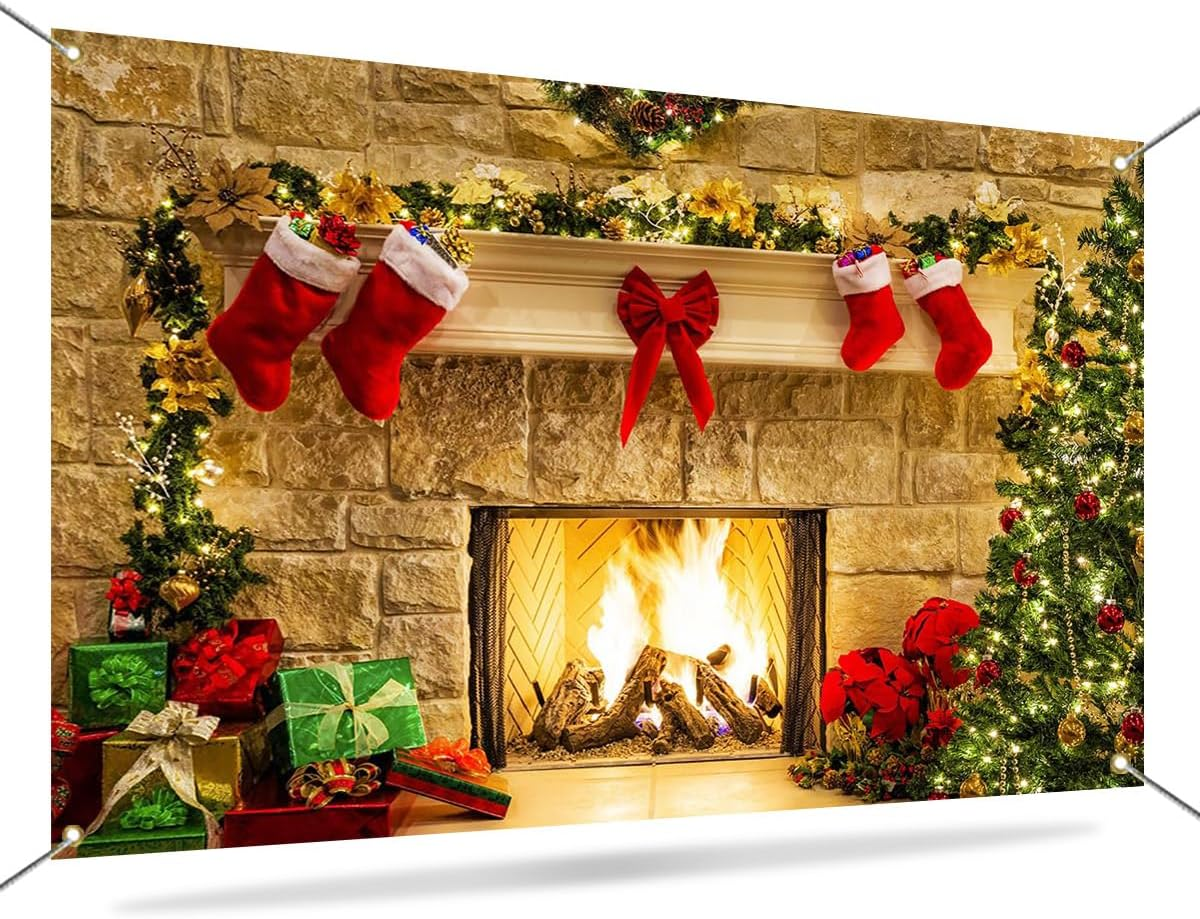 Mocsicka Christmas Themed Background Christmas Fireplace Backdrop Christmas Tree Gift Box Red Boots Adorn Background 8X6Ft Vinyl Backdrop Childrens Party Photography Background image number 5